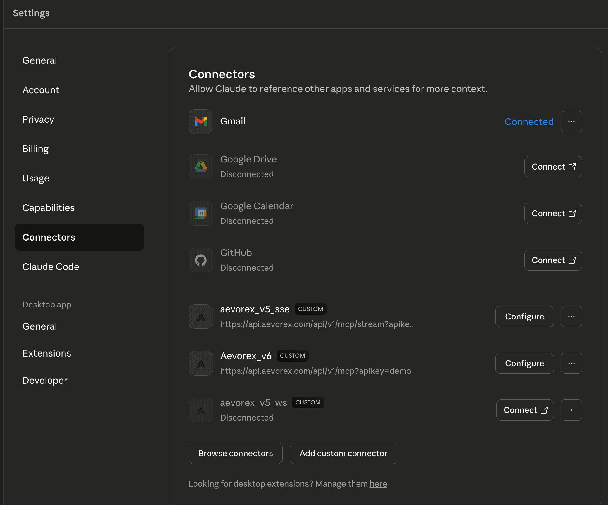 Claude Desktop Connecting to Settings