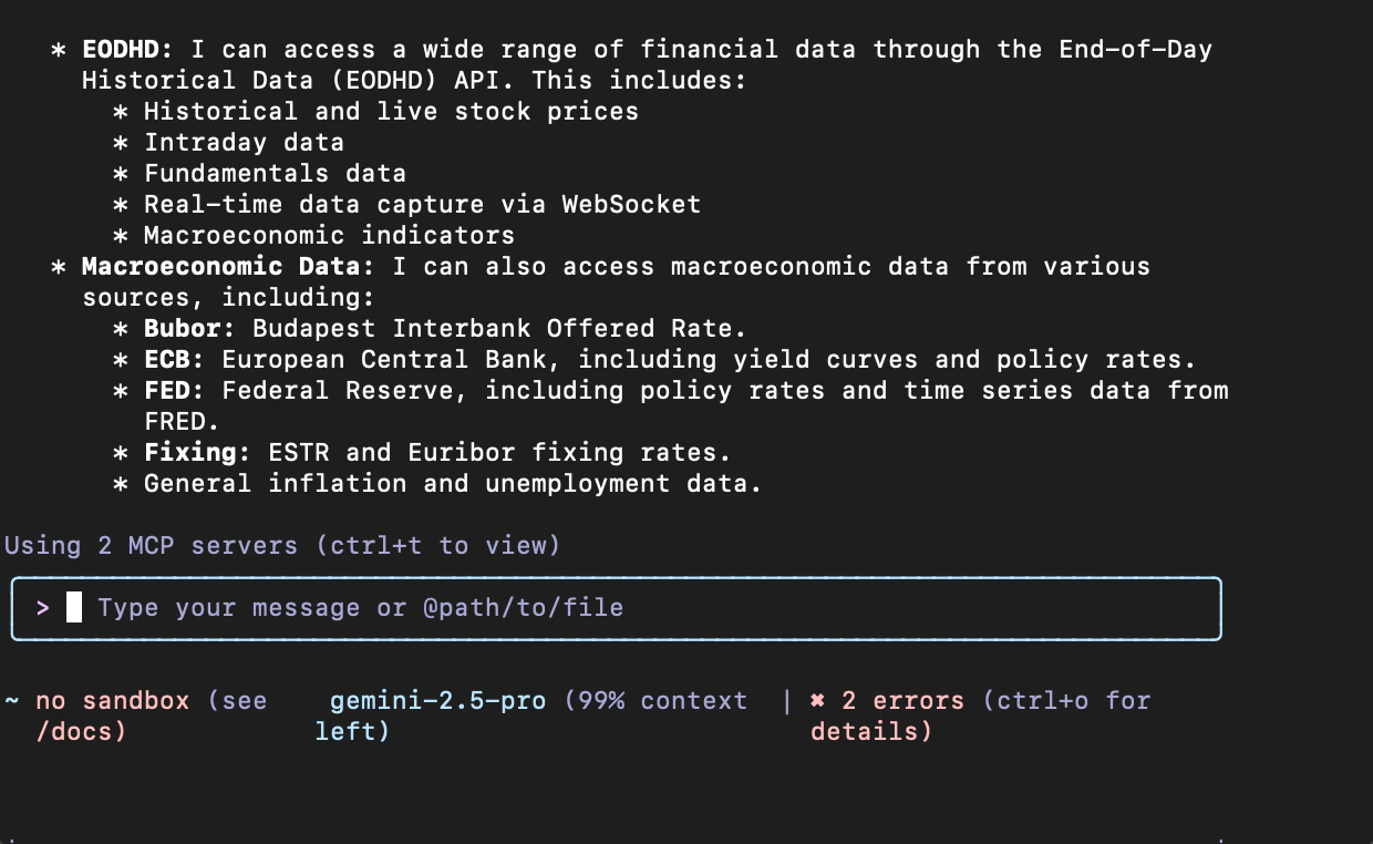 Gemini CLI showing available financial tools